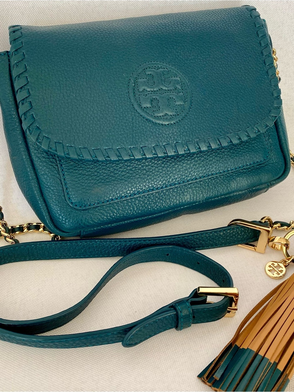 Tory Burch Leather Teal Blue Bag Chain Leather Crossbody Purse Whipped Stitch